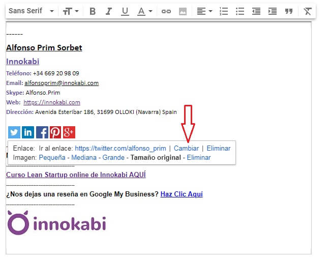 Incluir link RRSS firma correo Innokabi gmail